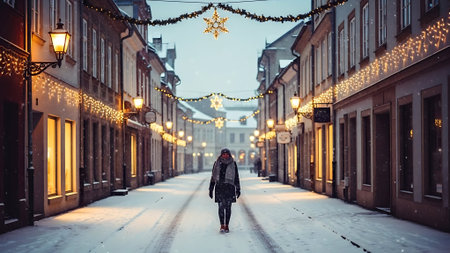 Woman walking on a snowy street in the old town of Tallinn, Estoniaの素材