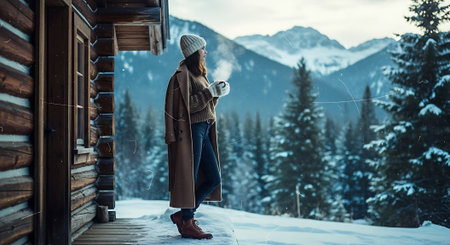 Woman with cup of hot drink in the mountains. Winter vacation.の素材