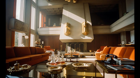 Interior of a hotel room with orange sofas and coffee tableの素材