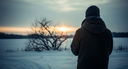 Man in winter clothes standing on the bank of a frozen lake at sunsetの素材