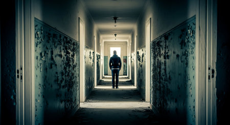 Man Standing in Dark Abandoned Hallwayの素材
