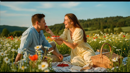 Young couple having picnic in the field of flowers and eating strawberries.の素材
