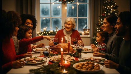 Happy family celebrating Christmas at home. Mother, father and children having a festive dinner.の素材
