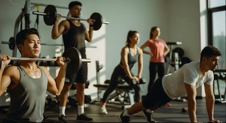 group of young people in sportswear exercising with barbell in gymの素材