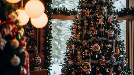Christmas tree decorated with toys and garlands on the background of the windowの素材