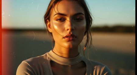 Portrait of a beautiful young woman on the beach at sunset.の素材