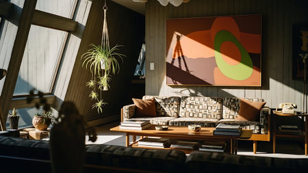 Interior of modern living room with sofa, pillows and wooden furnitureの素材