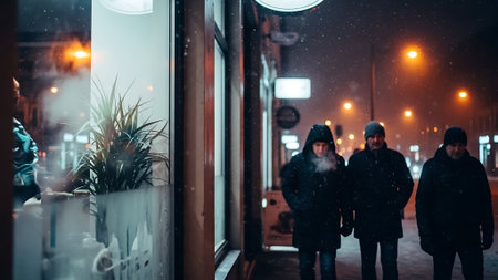 People walking on the street at night in snowfall. Blurred background.の素材