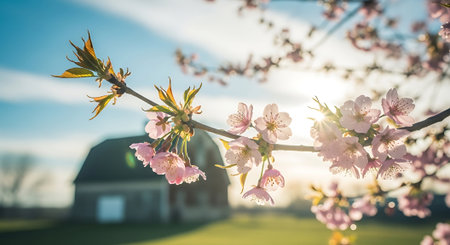Cherry blossom in spring season. Beautiful blooming tree with pink flowers.の素材