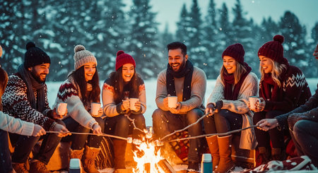 Group of friends roasting marshmallows on a bonfire in winter forestの素材
