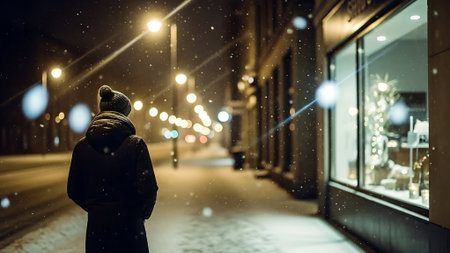Back view of young woman in winter coat looking at city street at nightの素材