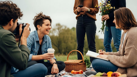 Group of young friends having a picnic outdoors. They are talking and drinking coffee.の素材