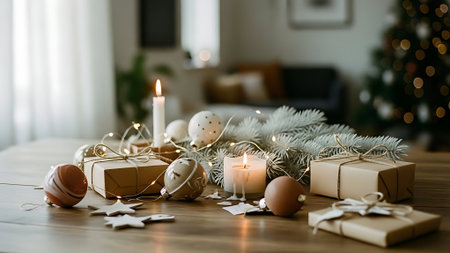 Christmas decoration on the wooden table in the living room with Christmas treeの素材