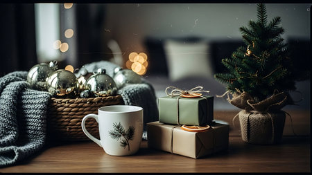 Cup of coffee with christmas tree and gifts on wooden tableの素材