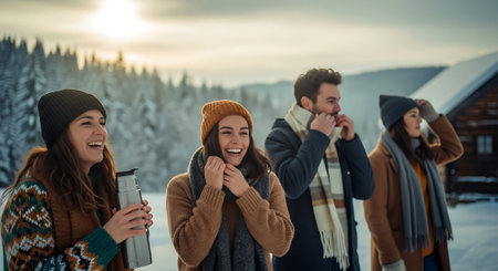 Group of friends having fun on winter vacation. Smiling young people in warm sweaters, hats and scarves standing outdoors and drinking water from thermos.の素材