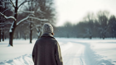 Young woman walking in the park in winter. Beautiful winter landscape.の素材