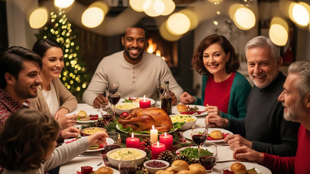 happy family with roasted turkey at christmas dinner in the living roomの素材
