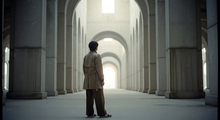 Man Standing in Grand Architectural Hallway with Dramatic Lightの素材