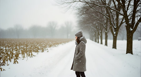Beautiful woman in winter clothes walking in a snow-covered fieldの素材