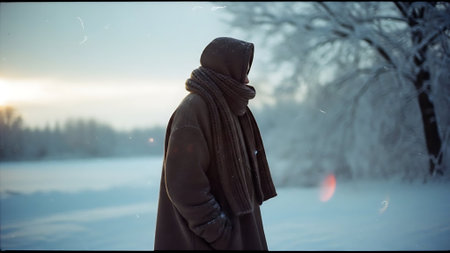 A man in a warm coat and scarf walks in the winter forest at sunset.の素材