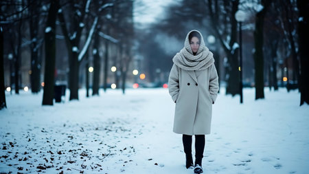 Young woman in a coat and scarf walks in the winter park.の素材
