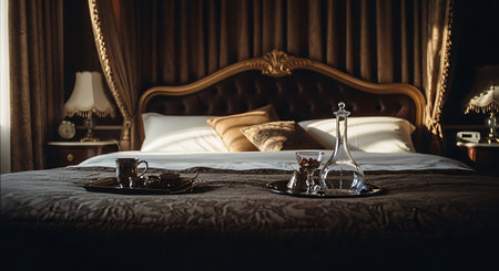 Interior of a luxury hotel bedroom with a double bed and vintage furnitureの素材