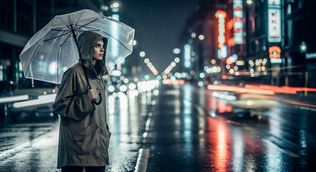 Young man in raincoat with umbrella walking on rainy street at nightの素材