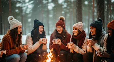 Group of friends drinking tea and having fun in winter forest. Women sitting around bonfire and drinking tea.の素材