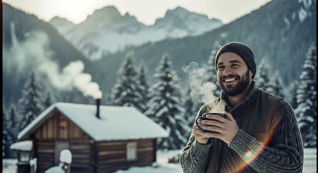 Handsome bearded man in warm clothes with a cup of hot drink in the mountainsの素材