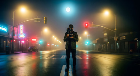 A man in a gas mask with a camera on the street at nightの素材