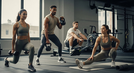 Group of fit people in sportswear exercising with kettlebells in gymの素材