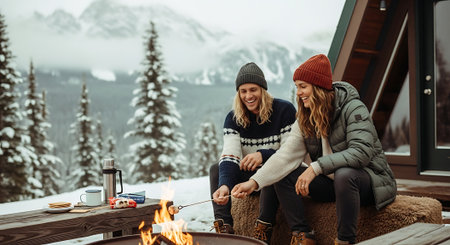 Two beautiful young women sitting by the fire in the winter forest.の素材