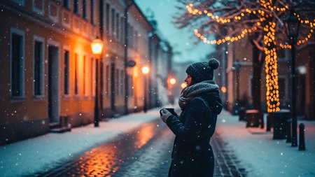 Young woman with cup of coffee in winter city street at night.の素材