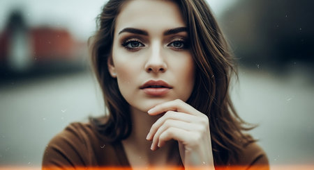 Portrait of a beautiful young woman with long hair in a brown coatの素材