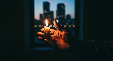 Burning candle in hand of man on background of cityscape at nightの素材