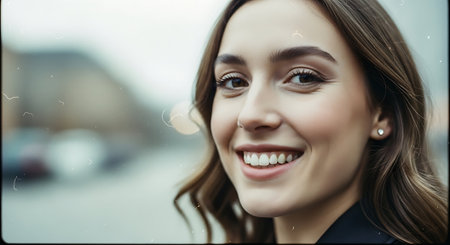 Close up portrait of beautiful young woman smiling and looking at camera.の素材