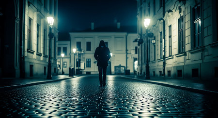 Man walking on a cobblestone street at night in Prague, Czech Republicの素材