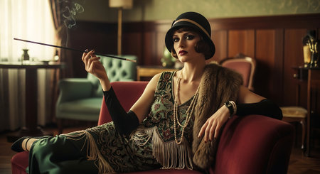 Elegant 1920s Flapper Woman Relaxing in Vintage Loungeの素材