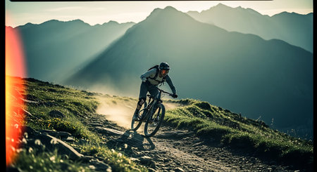 Cyclist Riding the Bike on the Rocky Trail at Sunset. Extreme Sport Concept.の素材