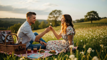 Happy couple having picnic in the meadow at sunset. Romantic date.の素材