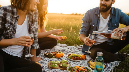 Young couple having picnic in the field. Man and woman sitting on the grass, drinking wine and eating fruits.の素材