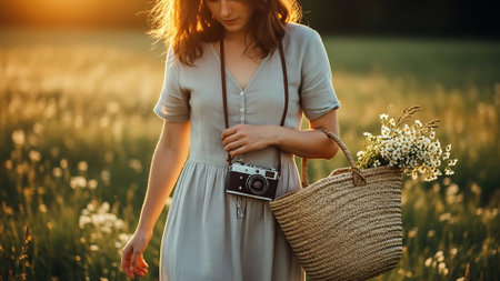Young woman with a camera in a field at sunset. Girl with a basket of wildflowersの素材