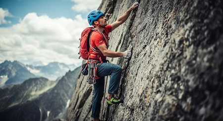male climber climbs on a rocky wall against the background of mountainsの素材
