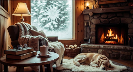 Cozy living room with fireplace, cozy armchair, coffee cup, plaid, books and cute dog. Cozy winter home interior.の素材