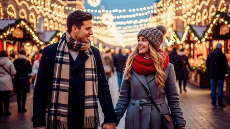 Couple in winter clothes walking on a Christmas market in the city.の素材