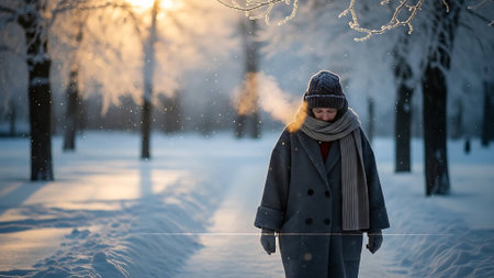 Young woman walking in the park in winter. Beautiful winter landscape.の素材