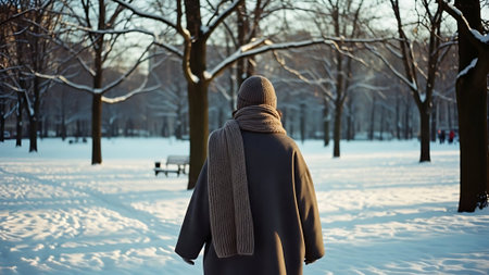 A young woman in a coat and scarf walks through the winter park.の素材