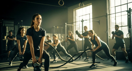 Group of young people doing exercises with a kettlebell in a gymの素材