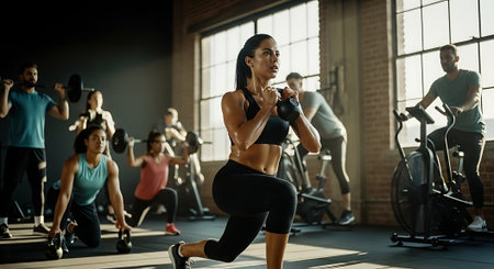 Fitness, sport, training and lifestyle concept - group of people exercising in gymの素材