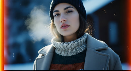 beautiful young woman in winter coat and hat with cigarette on streetの素材